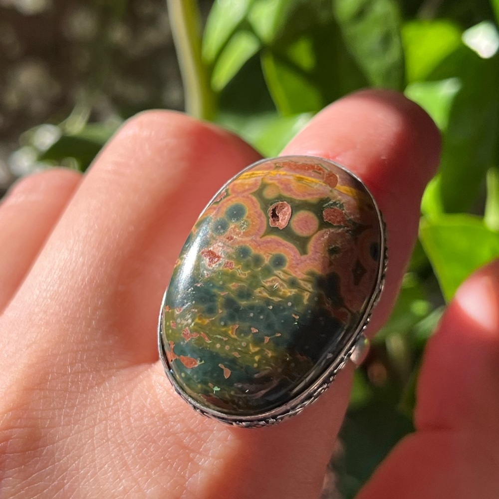 Size 8.5 925 silver overlay ocean jasper‎ ring